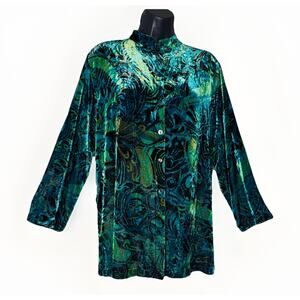 Vintage Chico’s 0 Small Green Crushed Velvet Silk Floral Button Shirt Jacket Top